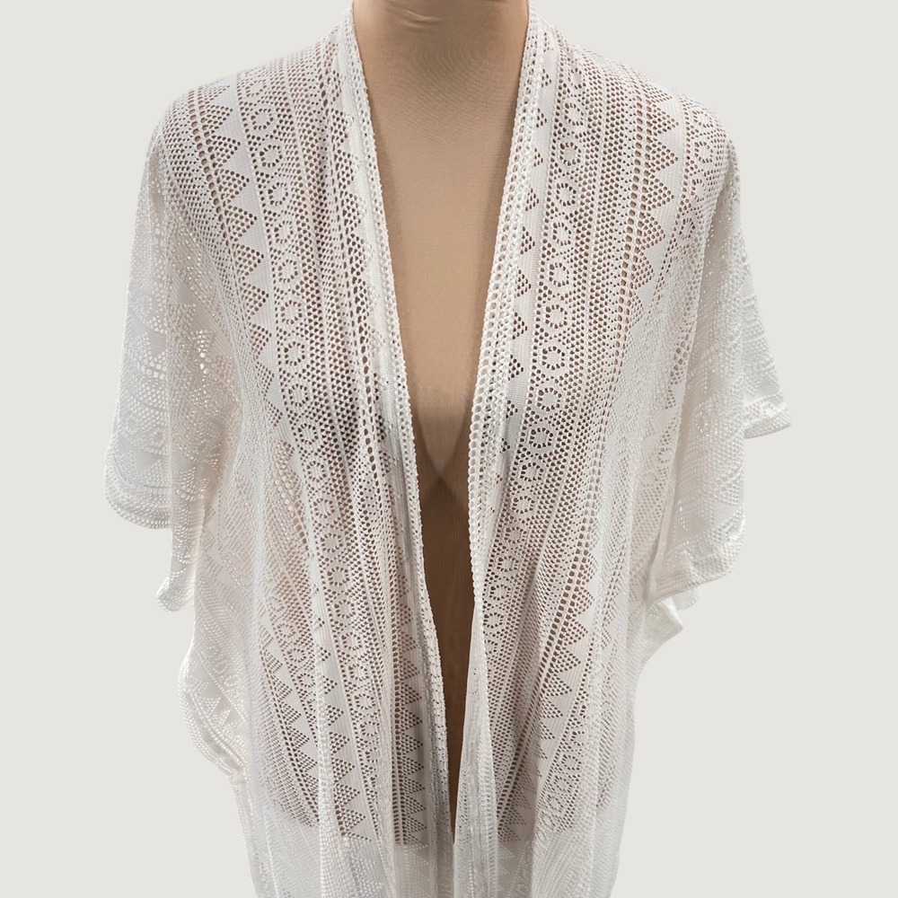 Bon Voyage Womens White Geometric Lace Fringe Hem Open Front Kimono Coverup